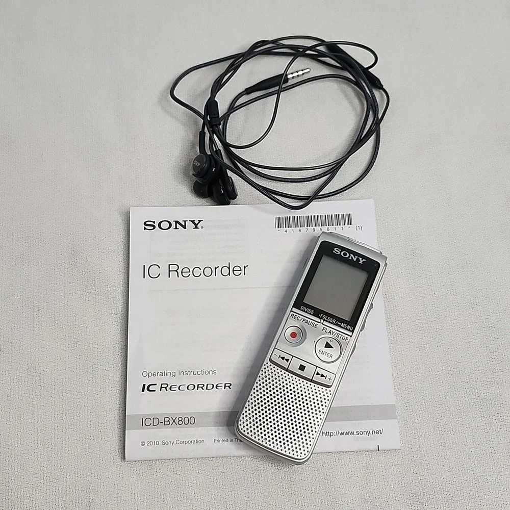 Sony ICD-BX800 Recorder, headphones and Sharp EL-W516 Calculator